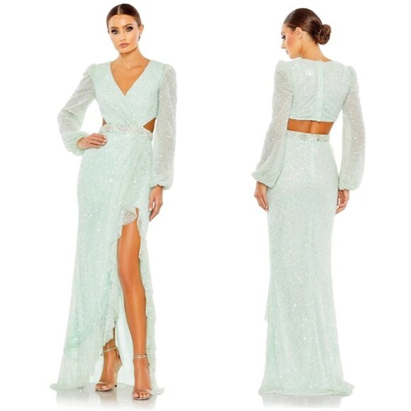 MAC DUGGAL Sequined Faux Wrap Cut Out Puff Sleeve Gown in Soft Mint Size US 4 - Picture 1 of 11